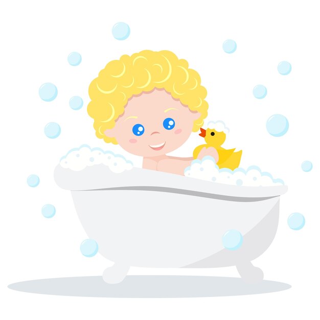 Plik wektorowy dziecko biorące kąpiel bawiące się piankowymi bąbelkami i żółtą gumową kaczką