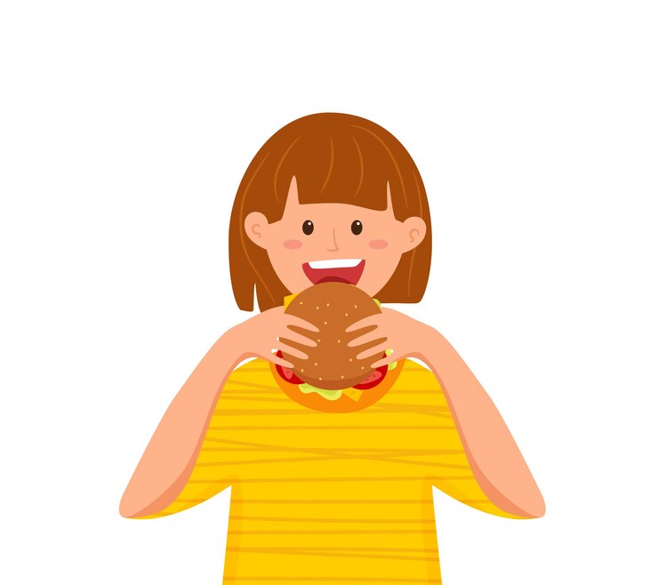 Dziecko gryzienie ilustracji wektorowych fast food burger. Koncepcja stylu kolorowy kreskówka szczęśliwy głodna dziewczyna jedzenia uruchomienia i trzymając hamburgera w jego ręce na reklamę, menu restauracji. Szablon projektu