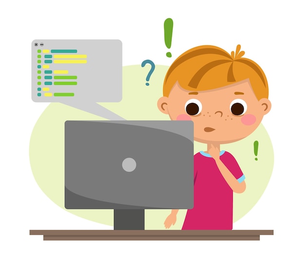 Dziecko pisze kod programu Programowanie robotyki dla dzieci Ilustracja wektorowa na białym tle