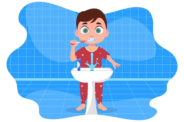 Dziecko W Czerwonej Piżamie Myje Zęby, W łazience, Ilustracji Wektorowych