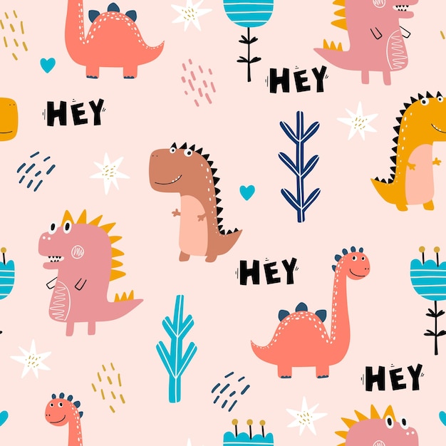 Dziecko wzór z dinozaurami Wektor handdrawn kolorowy bezszwowy powtarzający się wzór dziecka z uroczymi literami dinozaurów w stylu skandynawskim
