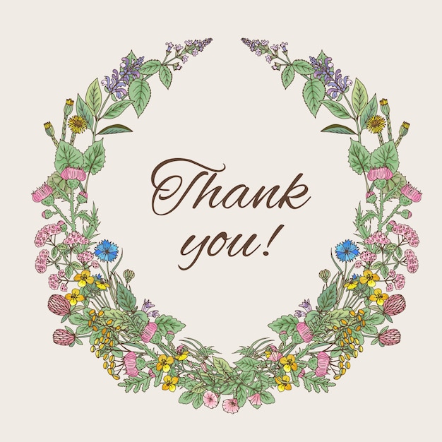 Dziękuję Karty Napis Wewnątrz Wieńca Z Ręcznie Rysowane Ziół I Kwiatów
