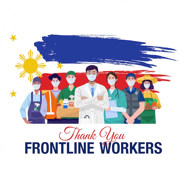 Dziękuję Pracownikom Pierwszej Linii. Różne Zawody Ludzi Stojących Z Flagą Filipin. Wektor