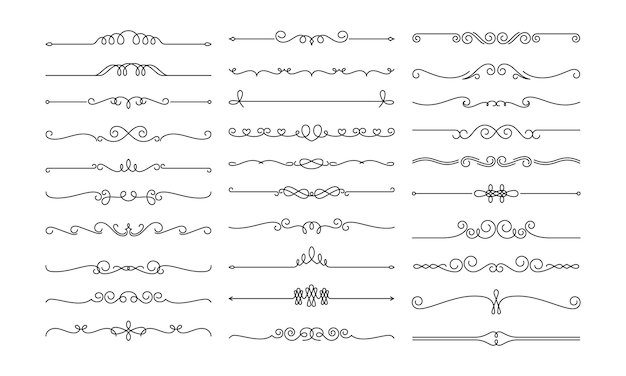 Dzielniki linii Dekoracyjne wirowe separatory tekstu vintage dzielnik Wiktoriańskie kwitnie linia kaligraficzna wirująca filigranowa dekoracja edytowalny zestaw wektorów obrysu Eleganckie elementy kwiatowe i klasyczne