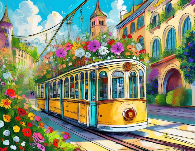 Plik wektorowy dzieło sztuki tramwaju na ulicy z kwiatami