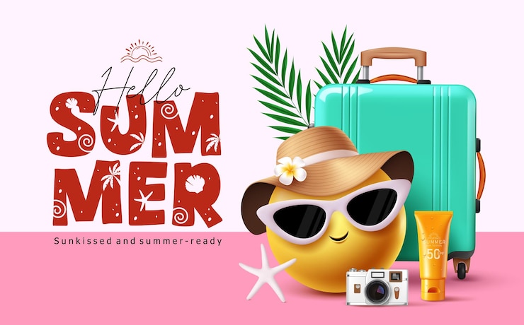 Wektor dzień dobry, letni emoji, projekt klipartów, letni tekst z uroczymi emoji i elementami plaży