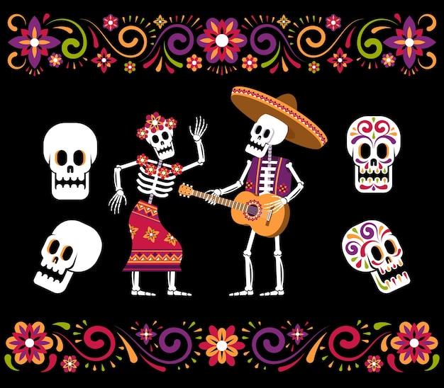 Dzień Martwego Szkieletu Cukrowej Czaszki I Meksykańskiego Ornamentu Kwiatowego Dekoracja Dia De Los Muertos