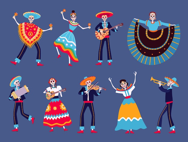 Dzień Martwych Szkieletów. Meksykańskie Postacie Szkieletowych Tancerzy Dia De Los Muertos. Catrina, Szkielety Muzyków Mariachi Z Zestawem Wektorów Gitarowych. Ilustracja Meksykańskiego Szkieletu Do Dnia śmierci