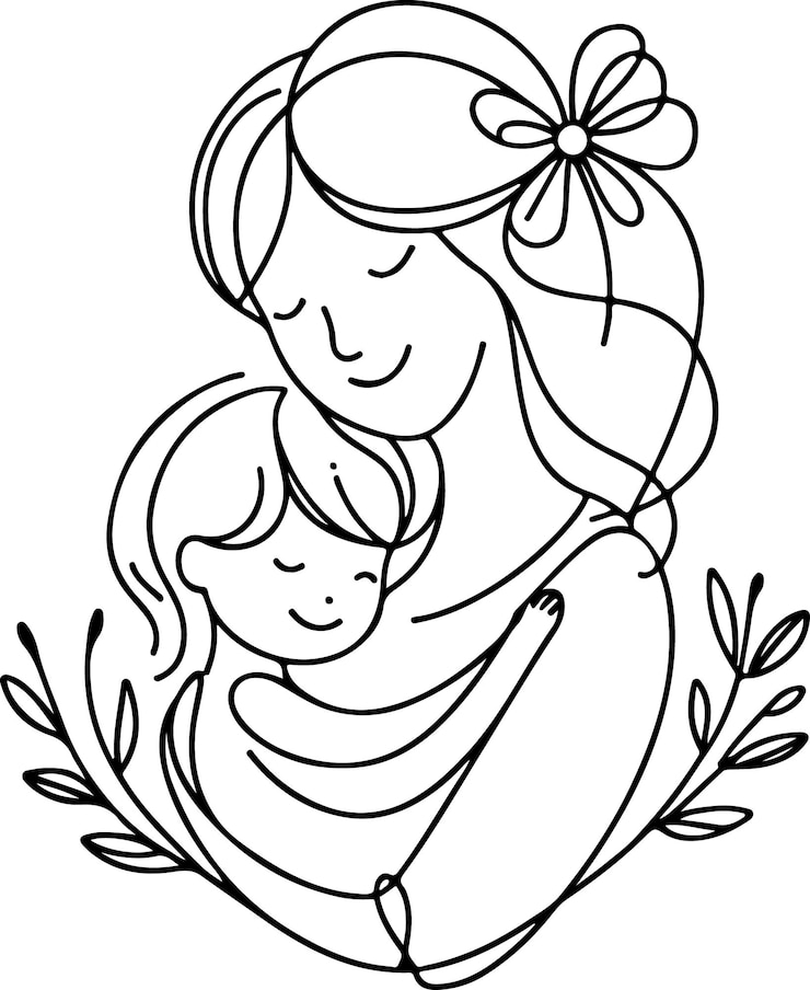 Wektor dzień matki lineart wektorowy rysunek pojedynczej linii kobieta trzymająca swoje dziecko ilustracja wektorowa