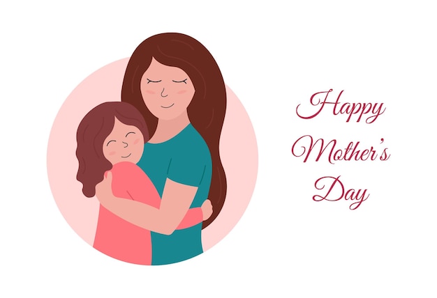 Dzień Matki Wakacje Plakat Kartkę Z życzeniami Szczęśliwa Mama Przytula Uśmiechniętą Córkę Kobieta I Dziewczyna Obejmuje Wektor Płaski Ilustracja Na Dzień Matki