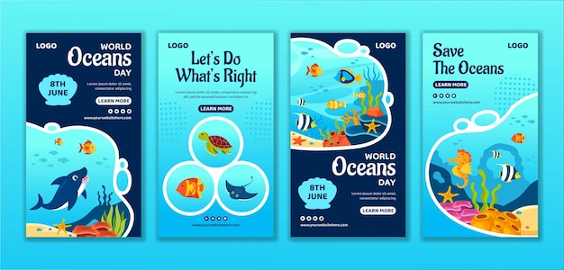 Dzień Oceanu Social Media Stories Płaskie kreskówki Ręcznie narysowane szablony Ilustracja tła