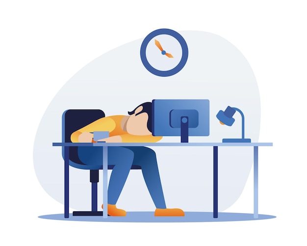 Dzień Pracy W Biurze Kreskówka Mężczyzna Bez Twarzy Zasnął Przed Komputerem Z Filiżanką Kawy W Dłoni Ilustracja Wektorowa Płaski Na Białym Tle