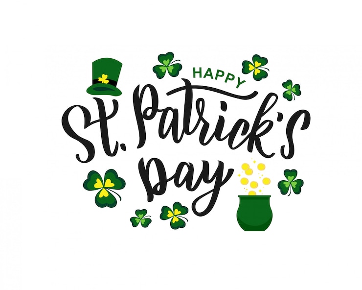 Wektor dzień świętego patryka strony napis tekst jako logotyp, karta, szablon transparent. ilustracja do irlandzkiego projektu uroczystości. ręcznie rysowane typografii z zielony kapelusz i shamrock.