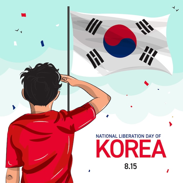 Dzień Wyzwolenia Narodowego Korei Chłopiec Pozdrawia Flagę Koreańską