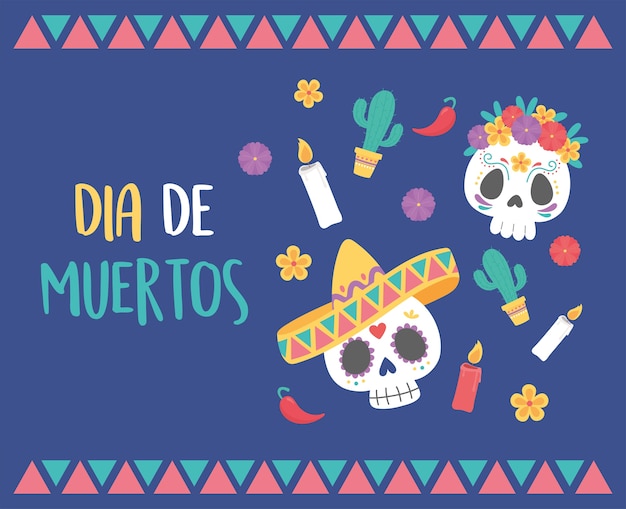 Dzień Zmarłych, Czaszki Kapelusz, Kwiaty, świece, Kaktusy, Meksykańskie świętowanie.