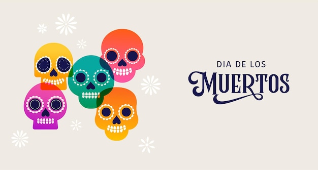 Dzień Zmarłych Dia de los Muertos Meksykańskie święto Wektorowy plakat i karta w nowoczesnym stylu geometrycznym z czaszkami, gitarą kościelną i kwiatami