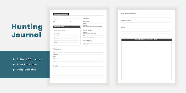 Plik wektorowy dziennik myśliwski i strona do wydrukowania z minimalnym planerem