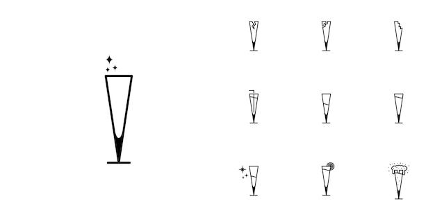 Plik wektorowy dziesięć zestawów ikon linii szkła lub kieliszka do szampana. ze słomką, cytryną, zimną wodą, sodą i pianką