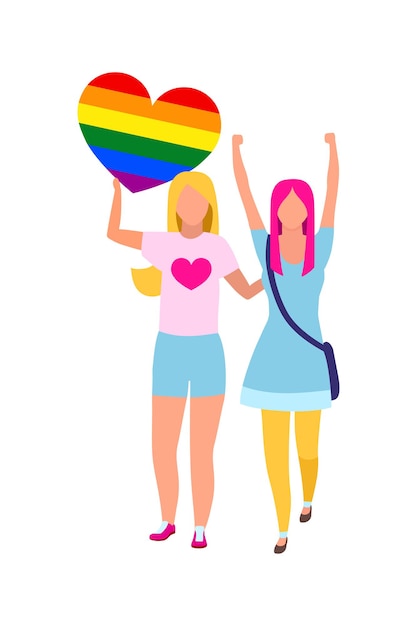 Dziewczęta Uczestniczące W Ruchu Praw Gejów, Pół Płaskie Kolorowe Postacie Wektorowe