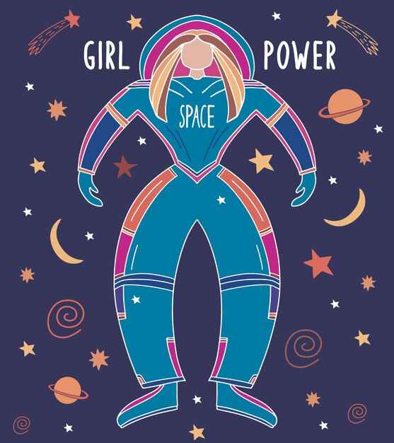 Dziewczyna astronauta w otwartej przestrzeni Doodle gwiazdy planety komety na ciemnoniebieskim tle Girl power lettering Vector stock illustration