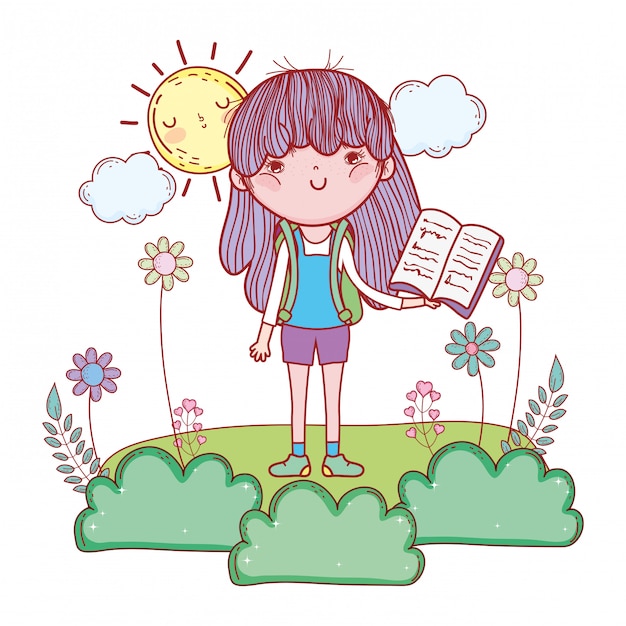 Dziewczyna Czytająca Książkę Ze Słońcem Kawaii W Polu