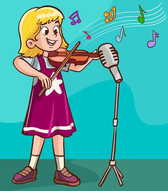 Plik wektorowy dziewczyna grająca na skrzypcach przed mikrofonem.