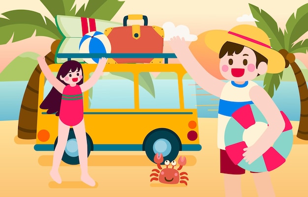 Dziewczyna I Chłopak Podróżują I Bawią Się Na Plaży Samochodem Latem