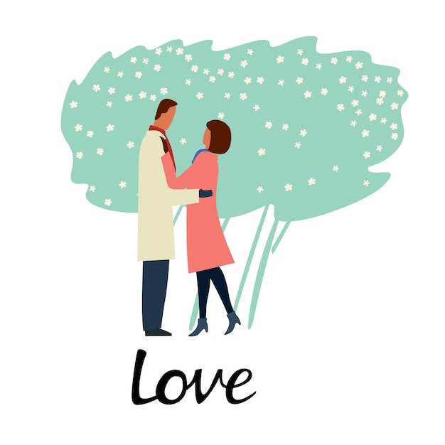 Dziewczyna i mężczyzna przytuleni do siebie na tle kwitnących drzew Napis love