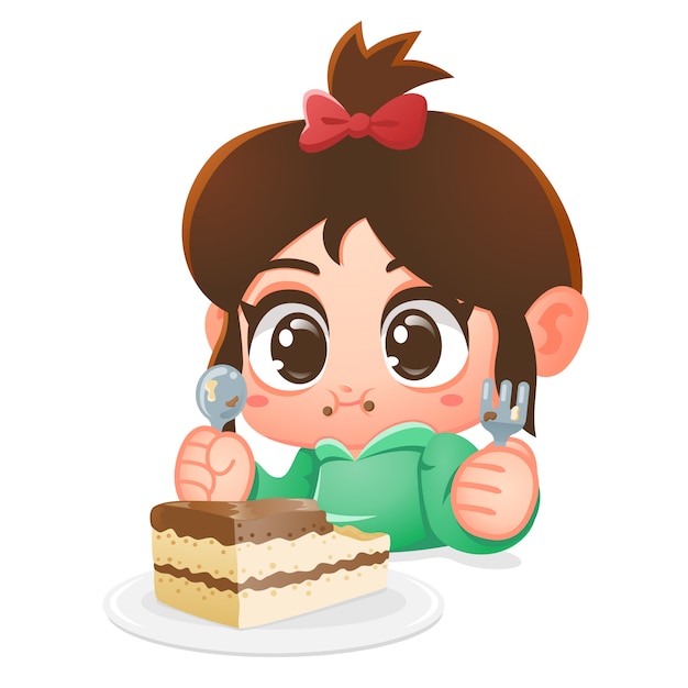 Plik wektorowy dziewczyna je ciasto czekoladowe. ilustracja kreskówka.