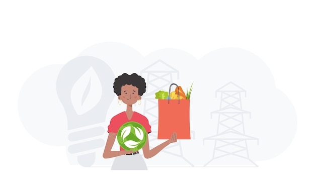 Plik wektorowy dziewczyna jest przedstawiona do pasa, trzymając ikonę eko i torbę z prawidłowym odżywianiem. recykling ekologii zdrowej żywności i koncepcja zerowej ilości odpadów. ilustracja wektora trendu.
