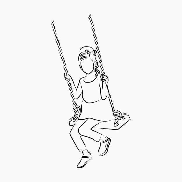 Dziewczyna Jeździ Na Swing Line Art Illustration