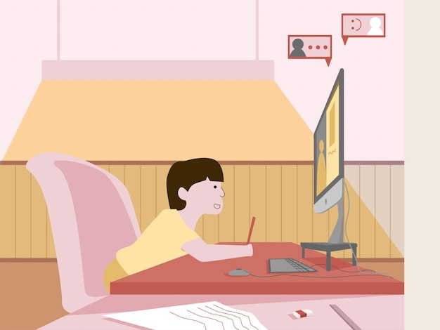 Dziewczyna Kobieta Kobieca Postać Selfstudioing W Domu Online Z Laptopem Płaski Wektor Ilustracja Tło