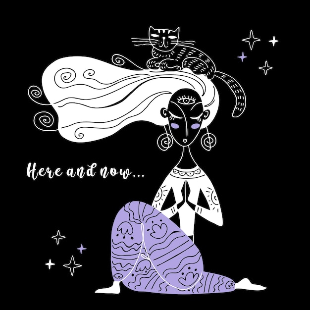 Dziewczyna medytuje z kotem Zen Yoga Tu i teraz Namaste Vector