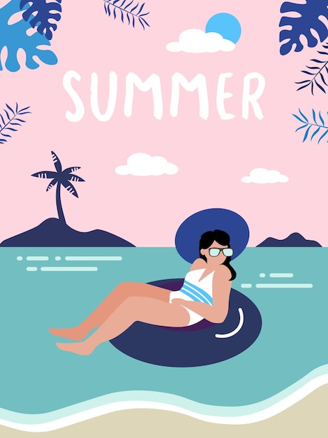 Dziewczyna na gumowym pierścieniu unosi się w basenie lub w morzu Letnie wakacje na plaży Wakacje na morzu Dziewczyna w okularach i stroju kąpielowym opala się Ilustracja wektorowa Płaskie EPS