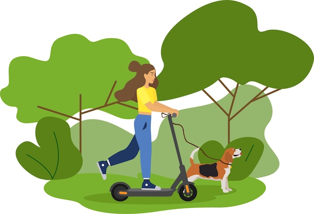 Plik wektorowy dziewczyna na skuterze elektrycznym na spacer w parku z psem rasy beagle. nowoczesny transport ekologiczny.