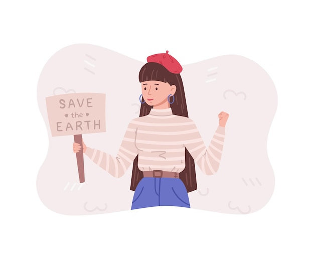 Dziewczyna Na Wiecu Save Earth. Ilustracja Wektorowa Kreskówki.