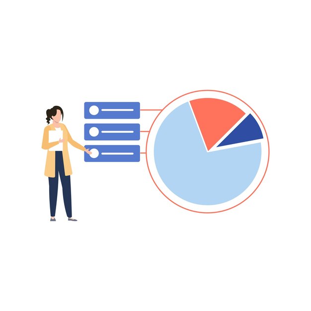 Plik wektorowy dziewczyna patrzy na wykres kołowy