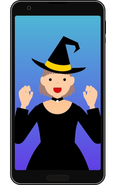 Dziewczyna Przebrana Za Wiedźmę Urządzająca Internetową Imprezę Halloween Na Swoim Telefonie