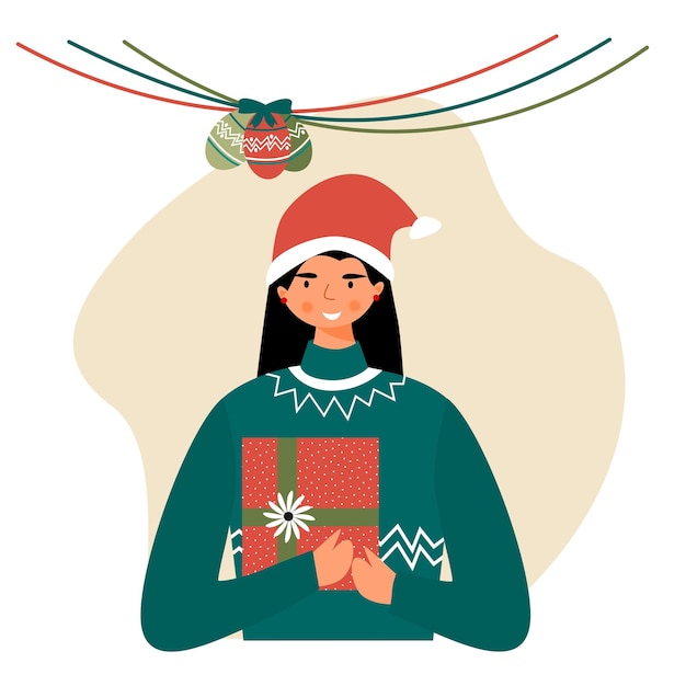 Plik wektorowy dziewczyna przynosi pudełko na prezent w postaci płaskiej konstrukcji świątecznej. dobre dla tła profilu awatara.