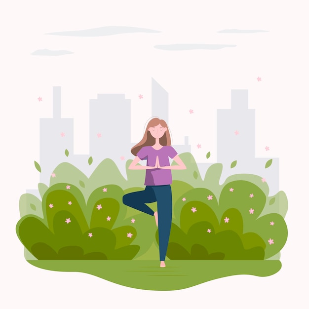 Dziewczyna robi joga na świeżym powietrzu na trawie wiosną Płaski styl