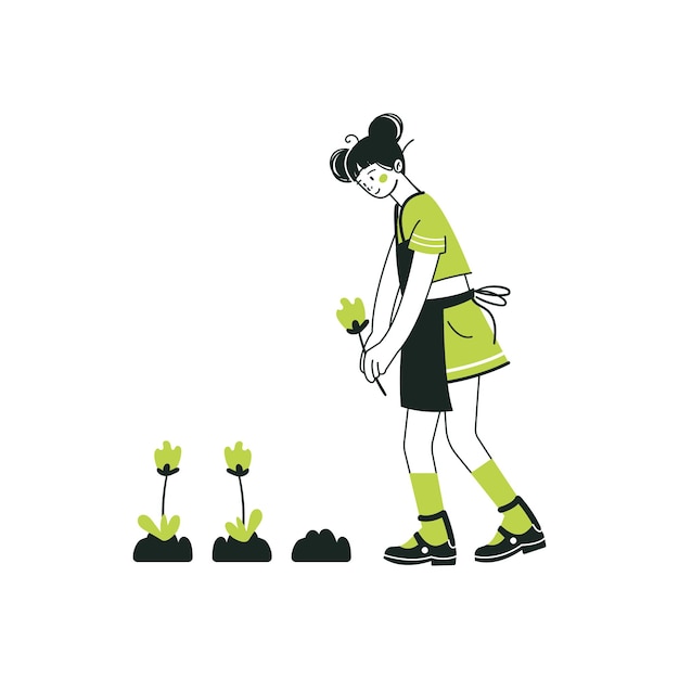 Plik wektorowy dziewczyna sadzi kwiaty w ogrodzie młoda kobieta pracuje w ogrodzie lub na farmie ilustracja rysowania ręcznego