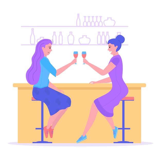 Dziewczyna Siedząca Razem W Barze Pije Napoje Alkoholowe Kobieta Pub Counter Spirit Cocktail Ilustracja Wektorowa Z Kreskówek Izolowana Na Białym