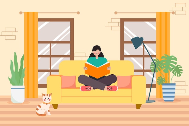 Plik wektorowy dziewczyna siedzi na kanapie i czyta ilustrację wektorową.