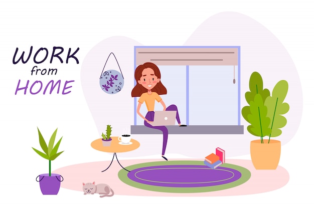Plik wektorowy dziewczyna siedzi na oknie z laptopem i pracuje w domu na kwarantannie. kot śpi w domu przy roślinach i dywanie. wszyscy zostają w domu. ilustracja kreskówka