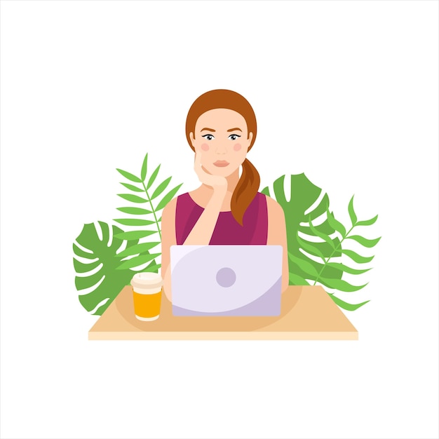 Plik wektorowy dziewczyna siedzi przy stole z laptopem ilustracja wektorowa w płaski koncepcja pracownika niezależnego