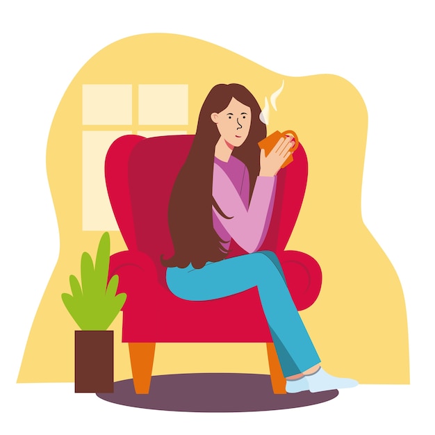 Plik wektorowy dziewczyna siedzi w czerwonym fotelu i pije herbatę. salon, dom, wypoczynek przy kubku herbaty lub kawy.