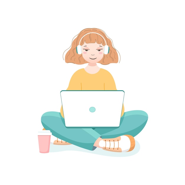 Plik wektorowy dziewczyna siedzi z laptopem edukacja online