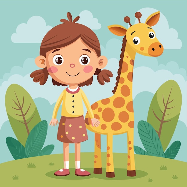 Plik wektorowy dziewczyna stoi obok girafy i girafy.