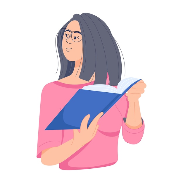 Dziewczyna studiuje książki płaską ilustrację