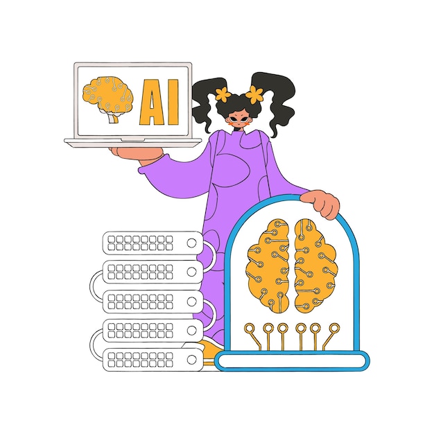 Plik wektorowy dziewczyna trzymająca komputer, obraz sterowany sztuczną inteligencją wyświetlany na monitorze.